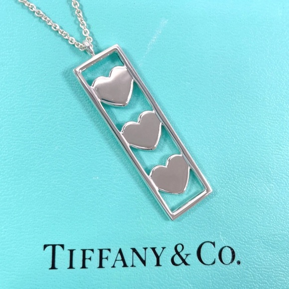 TIFFANY&Co. Tiffany Triple Heart Plate Necklace Silver 925 Women’s RARE - Picture 7 of 16